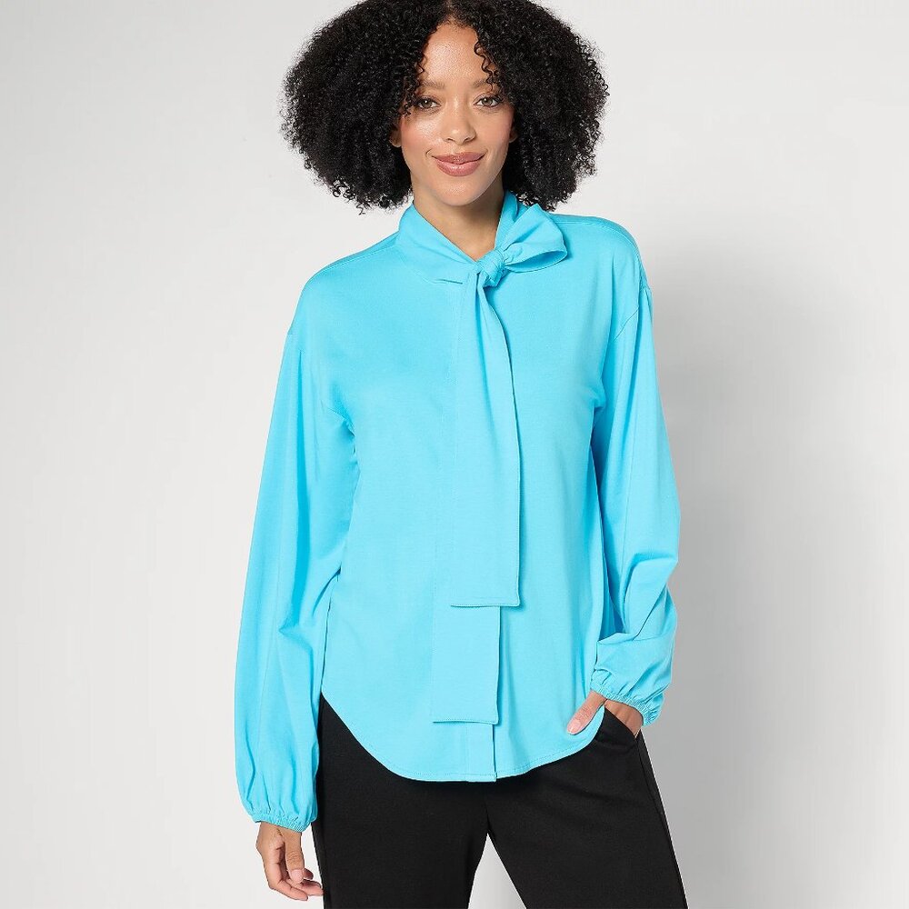 by Stacy London Jersey Knit Bow Blouse - Aqua (Sz Medium) a662047